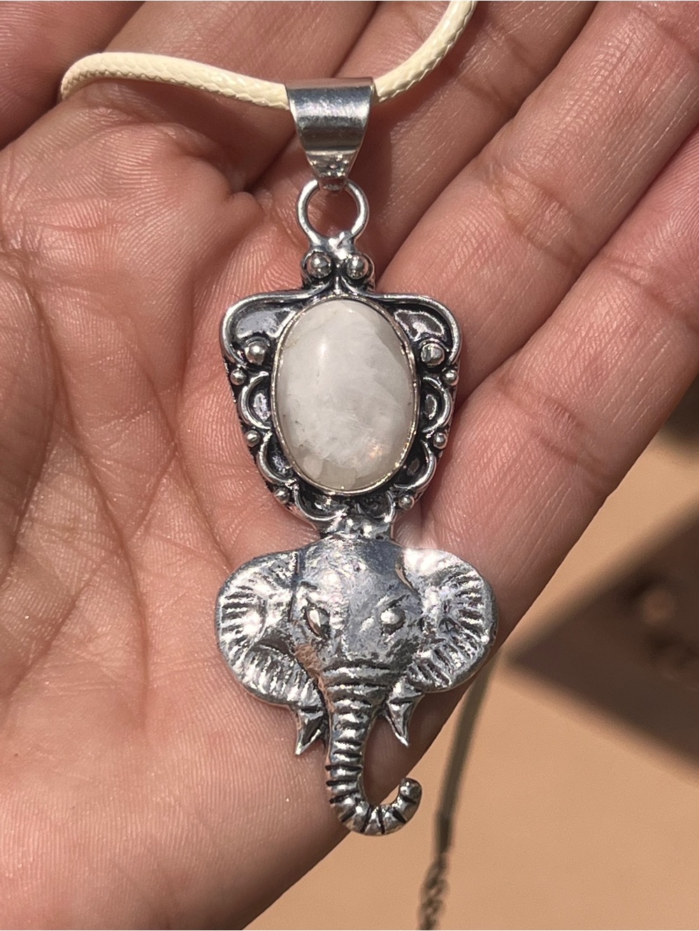 Handmade Moonstone Elephant Pendant Necklace in Sterling Silver with Cream Leath